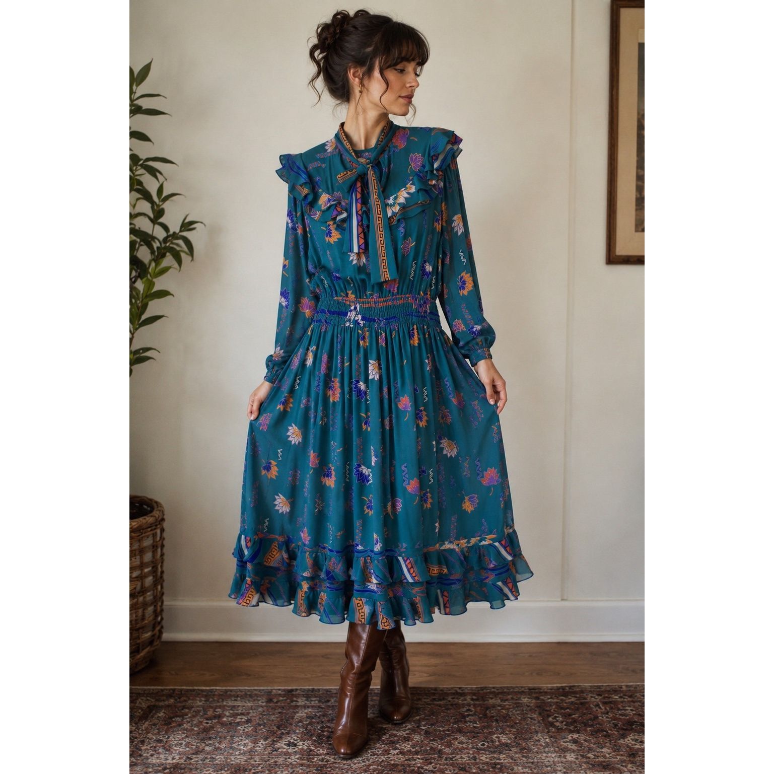 Diane Freis Womenâs Vintage Rich Teal Floral Ruffle Shoulder Hem Neck Tie Detail